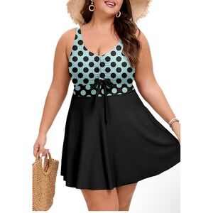 Arolina Two Piece Swimdress Tankini Set Polka Dot Mint Green Black Plus Size 16W